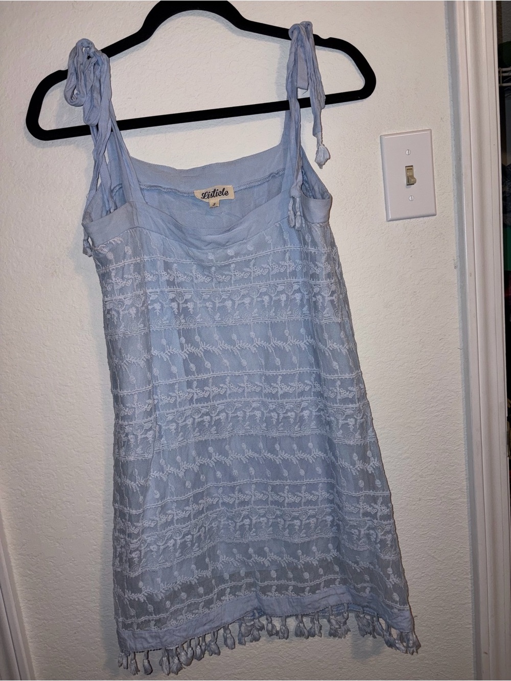 Listicle Pale Blue Embroidered Tie-Shoulder Mini Dress